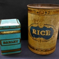 2 x vintage domestic kitchenalia tins incl cylinder shaped 'Rice' and square 'Barley' tins - Sold for $62 - 2018