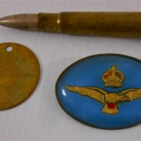 3 x vintage Military items inc, round brass tag with engraved details - 56171 RS Sampson RAAF, sweetheart brooch and bullet - Sold for $25 - 2018
