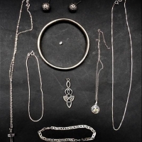 Group lot mainly marked silver jewellery incl Bangle, bracelets, chains, pendants, earrings, St Justin pewter pendant etc - Sold for $37 - 2018