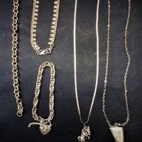 Group lot silver jewellery incl Bracelet with filigree heart lock, chain with Mefertiti pendant, chain with ram, bracelets etc - Sold for $62 - 2018