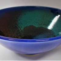Large ARNAUD BARRAUD Modern Australian Pottery FRUIT BOWL - Lovely Red, Green & Purple glazes on a Blue ground, impressed monogram to base - 30cm Diam - Sold for $31 - 2018
