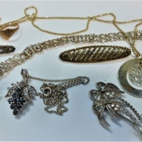 Small box lot jewellery incl Small 9ct rose gold signet ring, silver palm tree brooch , pendants, bracelet etc - Sold for $56 - 2018