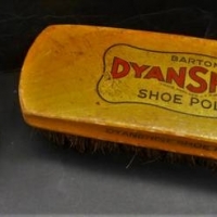 Vintage KIWI Boot Polish tin with original paper label to base plus Barton's Dyanshine shoe shine brush - Sold for $50 - 2018
