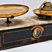 c1900 wooden cased apothecary scales with brass pans and weights and marble top - Sold for $62 - 2018