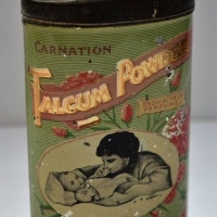 1920s Australian Carnation Talcum Powder tin for Caldwell manufacturing company by J Marsh & Sons Melbourne 12cm tall - Sold for $27 - 2018