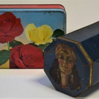 2 x Australian confectionary tins inc, Griffiths Sweets octagonal shaped with Art Deco portrait image of a Gypsy girl on the lid and a Hoadley's Choco - Sold for $124 - 2018