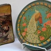 2 x Australian tins Allen's The lighthouse and Art Deco colourful Peacock tin by R Hughes Sydney  - possibly Arnotts - Sold for $31 - 2018
