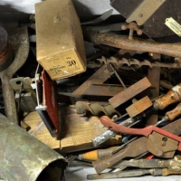 Box of vintage tools including Hammers, Chisels, saws drill bits etc - Sold for $68 - 2018