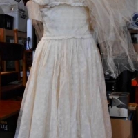 1950's Wedding Dress and veil - cream organza with floral embroidery, short sleeves, fitted bodice, full short skirt, faux seed pearl trim to neckline - Sold for $43 - 2018