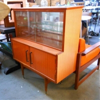 1970s Retro Veneered small sized Sideboard - Cupboards lower w Glazed Top Shelf - Gold capped feet - Sold for $50 - 2018