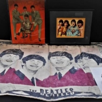 Beatles group lot - incl original 1960s The Beatles Irish linen  tea towel,  a paper napkin, Laminated Mobil Card and framed band photo - Sold for $62 - 2018