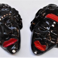 Fab Pair - Vintage c1950s Australian ceramic WALL PLAQUES - Both Female Faces, black w Red Lips, Headbands & White Dots to foreheads & chins - no mark - Sold for $25 - 2018