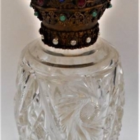 Hand cut crystal perfume bottle with Italian brosee filigree top inlaid with Chrysoprase and cut glass - Sold for $75 - 2018