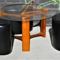 Mid-Century T H Brown 'Fondue' glass top teak coffee table with 3 x black stools - Sold for $435 - 2018