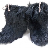 Pair - Vintage c1970s Black FUR Covered SNOW BOOTS - long shaggy Black Fur, Italian made, no brand name, size 43-45 - Sold for $35 - 2018