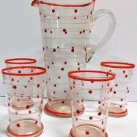 Retro 1950s 5 Piece LEMONADE Set - Clear glass w HPainted Red & White Polka dot & linear design - Sold for $43 - 2018