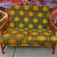 Retro thick Cane framed 1970s 2 Seater Couch - Period green patterned Upholstery - Sold for $43 - 2018