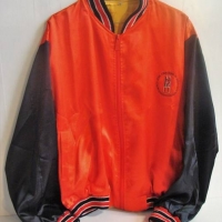 Vintage Satin Bomber Jacket - bright Orange & Black w Embroidered WORLD WING CHUN KUNG FU Association - Medium size - Sold for $56 - 2018
