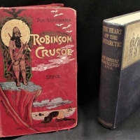 2 x Books - Robinson Crusoe with Illustrated spine and 1910 The Heart of the Antarctic by Shackleton - Sold for $62 - 2018