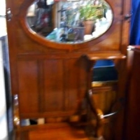 Vintage ARTS & CRAFTS c191020's Fiddleback Blackwood HALLSTAND - Lift up Bench Seat, Umbrella stand to one side, large oval Mirror to centre, shelf, C - Sold for $1056 - 2018