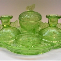 1930s Sowerby Butterfly wing green glass dressing table set - Sold for $68 - 2018