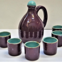 1950s Australian pottery Jug and cups set By Allan Lowe in Purple and light blue glaze - Sold for $37 - 2018