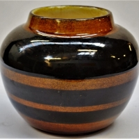 1950s Australian pottery vase  By Allan Lowe with striped burnt orange and brown glaze - Sold for $31 - 2018