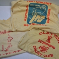 3 x Vintage c1970's CRICKET Themed T-Shirts - Clayton SCORPIONS Cricket Club, 1877-1977 Test Cricket centenary Australia Vs England, etc - Sold for $50 - 2018