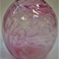 DON WREFORD Modern Australian ART GLASS vase - Ball shaped w Pink & White swirl through body, signed & dated '83 to base - 155cm H - Sold for $50 - 2018
