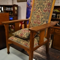 Oak Arts and Crafts Morris chair in English Oak with Morris Style embroidered fabric - Sold for $149 - 2018