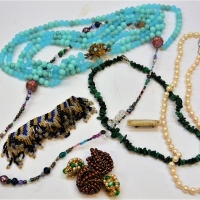 Small box lot jewellery - necklaces, pearl with silver clasp, Malachite, Venetian, blue milk glass, c1900 mother-of-pearl brooch, earrings, beaded bra - Sold for $25 - 2018