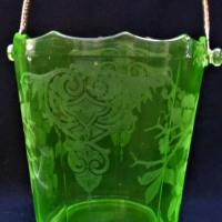 1930s Uranium glass ice bucket with chrome handle and floral pattern - Sold for $112 - 2018