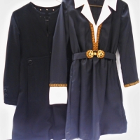 2 x vintage c 1960s black dresses - Gothic style with white collarcuffs and gold detail, fully lined winter dress with pockets and faux fur buttons - Sold for $25 - 2018