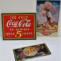 3 x Metal enamel Coca-Cola advertising signs incl Number plate, and Ice Cold always 5c sign - Sold for $62 - 2018