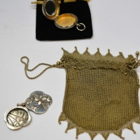 3 x items - splated chain mesh evening bag and 2 splated pendant lockets, photo frame & mirror with Japanese embossed dcor - Sold for $81 - 2018