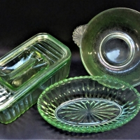 3 x pieces of 1930s Uranium glass including butter dish - Sold for $50 - 2018