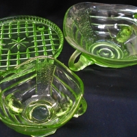 3 x pieces of 1930s green glass including pair or Art Deco Bowls with handles - Sold for $50 - 2018