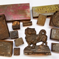 Group of vintage printers blocks and Pekinese bronze book end - Sold for $75 - 2018
