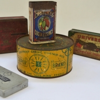 Group of vintage tins including Tobacco, Cocoa and Curtain rod string dispenser - Sold for $25 - 2018