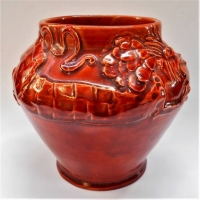 1930 Australian Pottery Vase - Maroon glaze w moulded Dragon around top - Incised marks to base J BORRETT BTS (Brunswick Technical School) & dated 193 - Sold for $348 - 2018