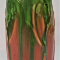 1930's Melrose Ware Australian pottery vase - pink with green drip glaze and raised Gum Tree decoration, marked to base - 15cm H af - Sold for $50 - 2018