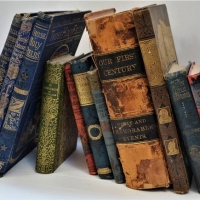 Group of Antique books including Our first Century 1876, c1900 Jules Verne, Where to go in Victoria, Swiss, German, Palestine pictures drawn with pen  - Sold for $43 - 2018