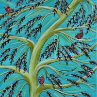 Large Ella Briotti oil on canvas 'Three Little Birds' - approx 101cm x 76cm, signed lower right further details verso - Sold for $37 - 2018