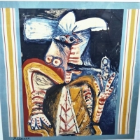 Large Framed Pablo Picasso SCARF - Cubist Woman - marked to lower Marigold Enterprises 1981 - 88x85cm - Sold for $106 - 2018