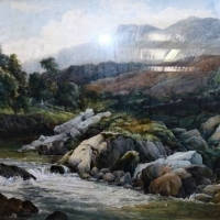 Large Gilt Framed British school Watercolour - ENGLISH COUNTRY Scene w Figures on Stone bridge & River - signed F DAVIS & Dated 1883, lower right - 59 - Sold for $199 - 2018