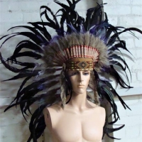 Ornate Indian Chief headdress with beaded headband, rabbit fur, feathers etc - Sold for $81 - 2018