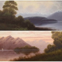 Pair Framed c1920's Australian School Oil Paintings - River Scenes w Mountains - both signed WLIMDLEY, lower right - 185x53cm Each - Sold for $87 - 2018
