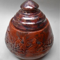 Unusual KLYTIE PATE Australian Pottery Lidded Jar - PISCES - Brown w Silver through glaze, Raised Pisces design to front, Incised signature to base To - Sold for $199 - 2018
