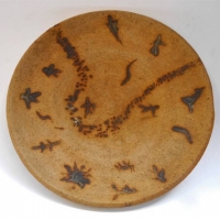 Vintage Australian pottery Stoneware bowl - Incised Aboriginal Motifs, marked to bass but illegible - 23cm Diam - Sold for $50 - 2018