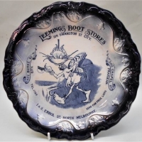 c1885 Leeming's Boot Stores advertising cabinet plate featuring the Gazeka (a winged frog or goblin) figure and Melbourne store addresses - 25cms D - Sold for $3167 - 2018